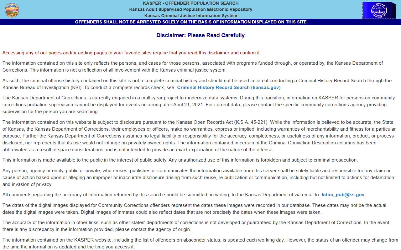 KDOC KASPER disclaimer before offender search access